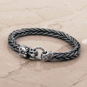 Handmade Dragon Head Woven 925 Sterling Silver Mens Bracelet, Midyat Mesh Bangle, Oxidized Viking Style Jewelry Gift