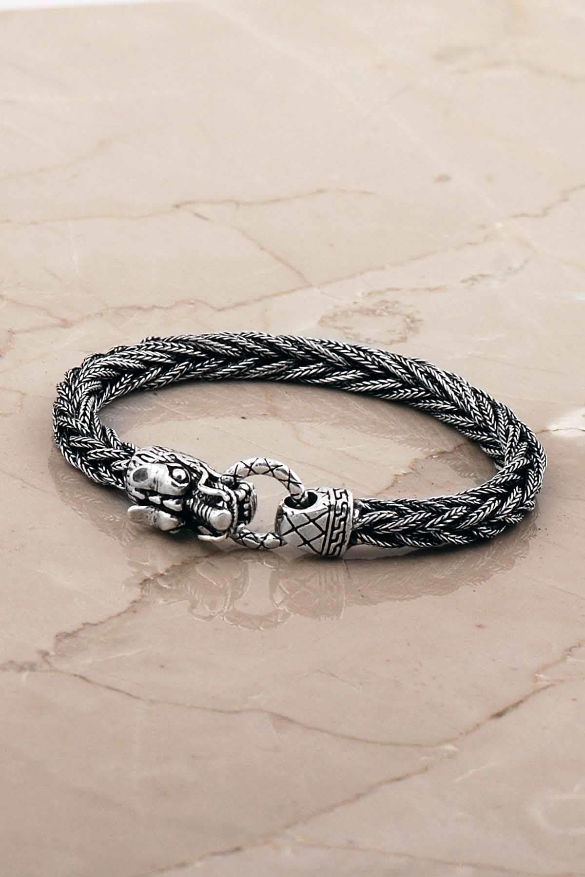Handmade Dragon Head Woven 925 Sterling Silver Mens Bracelet, Midyat Mesh Bangle, Oxidized Viking Style Jewelry Gift