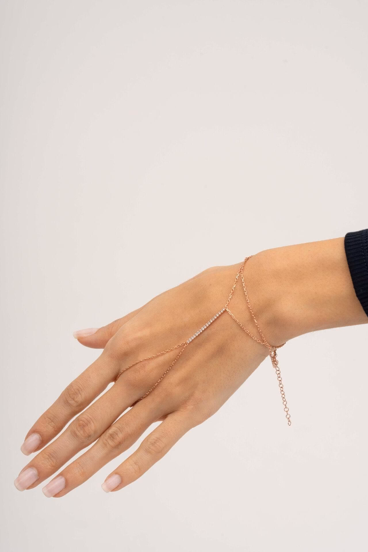 Handmade Rose Gold Plated 925 Sterling Silver Tennis Hand Chain Bracelet Double Wrap Sahmeran Ring Bracelet with Zirconia