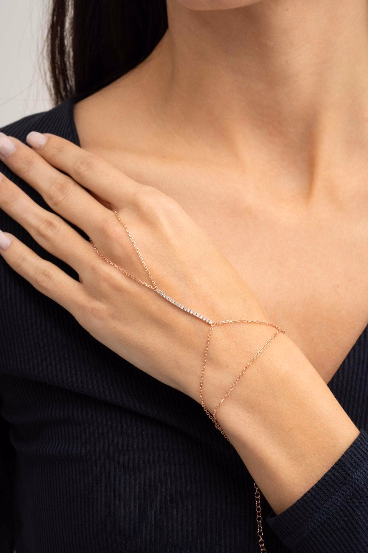 Handmade Rose Gold Plated 925 Sterling Silver Tennis Hand Chain Bracelet Double Wrap Sahmeran Ring Bracelet with Zirconia - Image 2