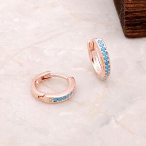 Handmade Turquoise Mini Hoop Earrings 925 Sterling Silver Rose Gold