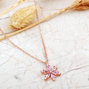 Handmade Pink Zircon Lotus Flower Rose Gold Plated Silver Necklace