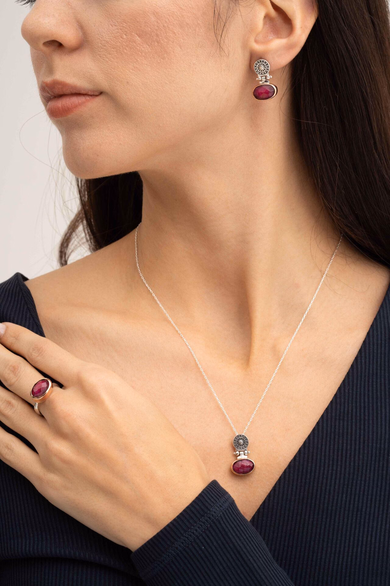 Handmade Root Ruby Jewelry Set 925 Sterling Silver Antique Ring Necklace Earrings