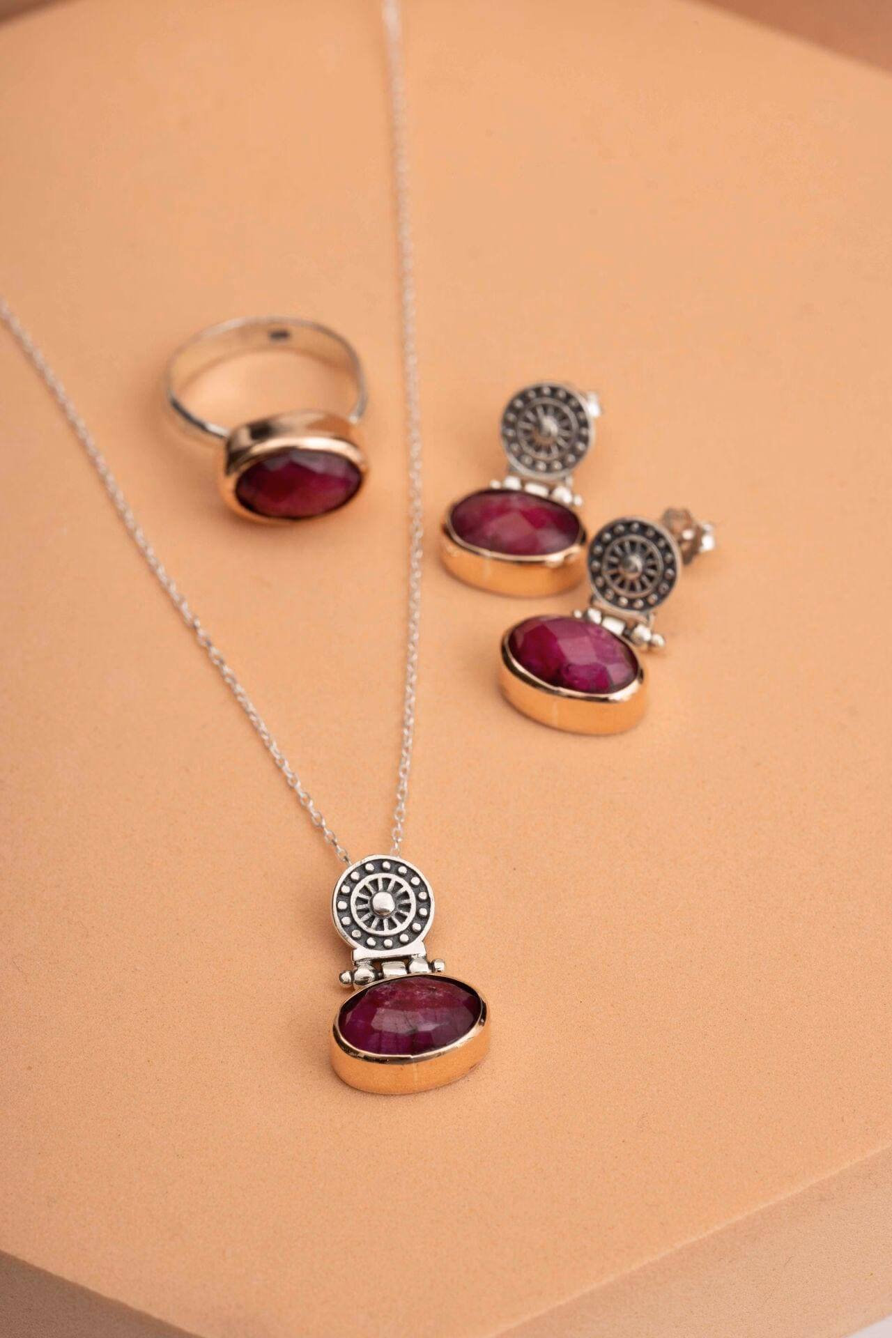 Handmade Root Ruby Jewelry Set 925 Sterling Silver Antique Ring Necklace Earrings - Image 3