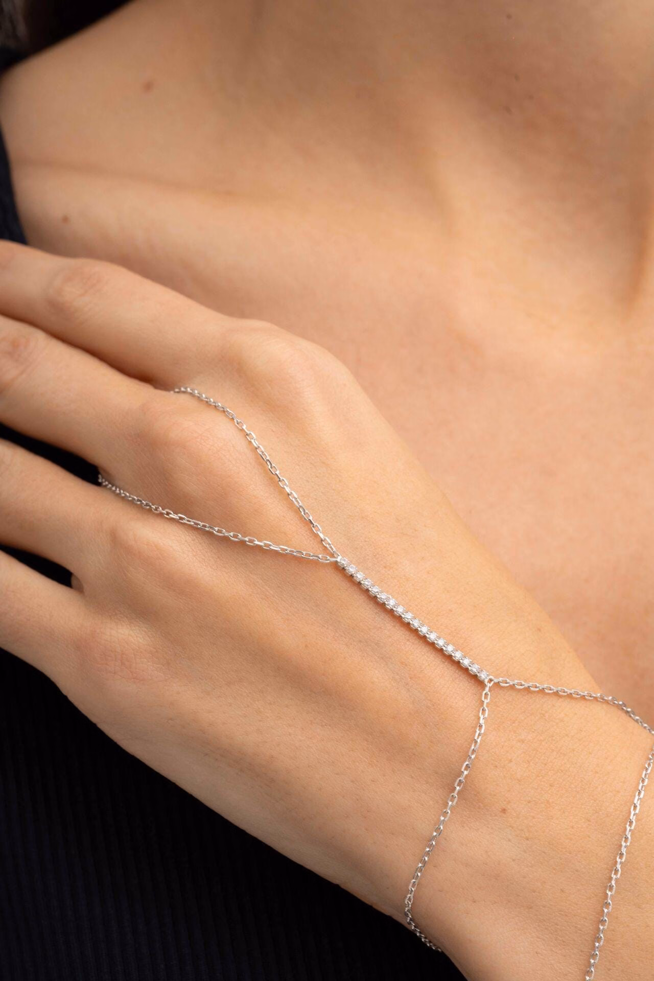 Handmade Tennis Design Rhodium Plated 925 Sterling Silver Hand Harness Ring Bracelet - Image 5