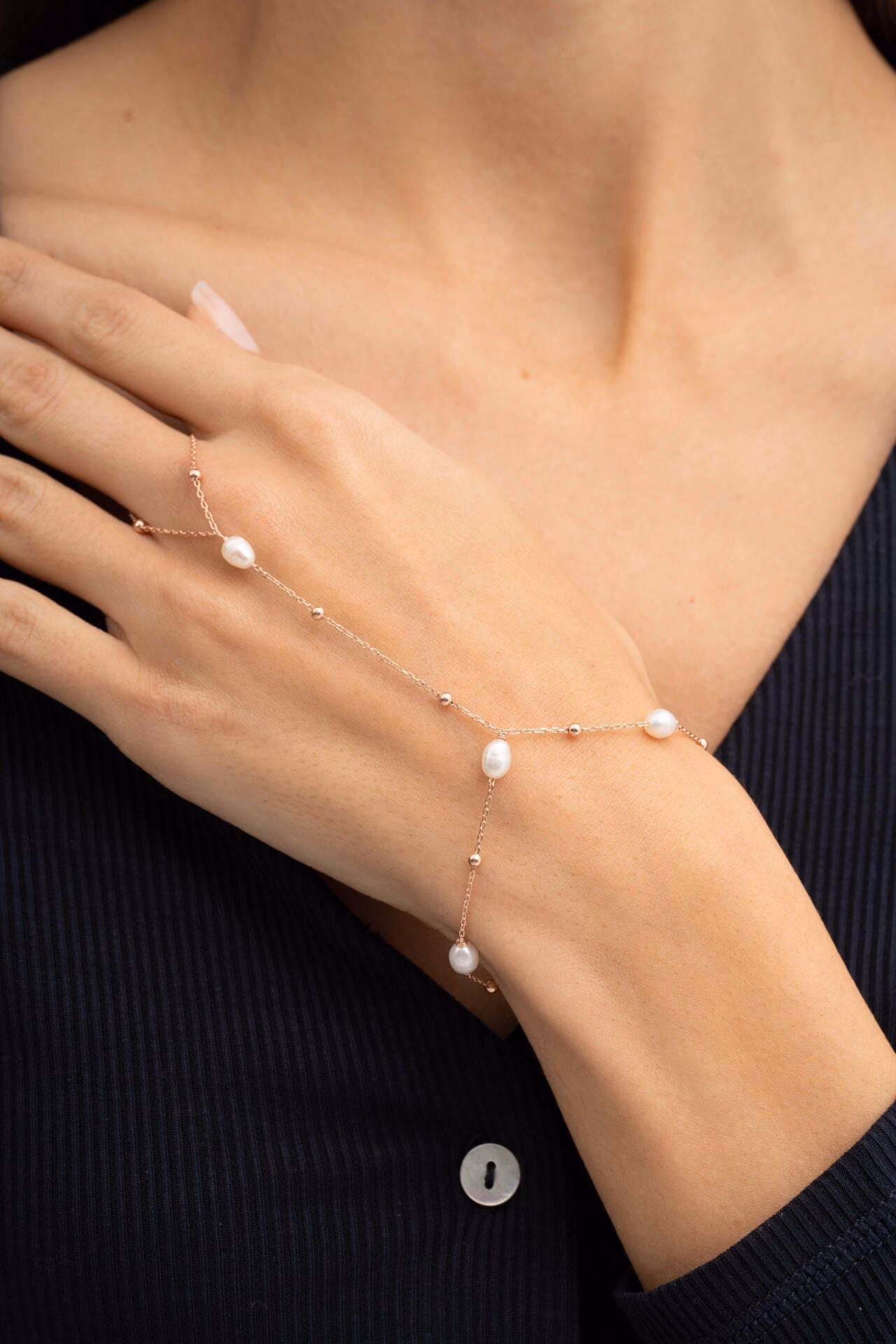 Natural Pearl Rose Gold Plated 925 Sterling Silver Hand Harness Ring Bracelet - Image 2
