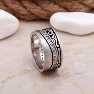 Handmade Cubic Zirconia Wide Wedding Band 925 Sterling Silver Ring