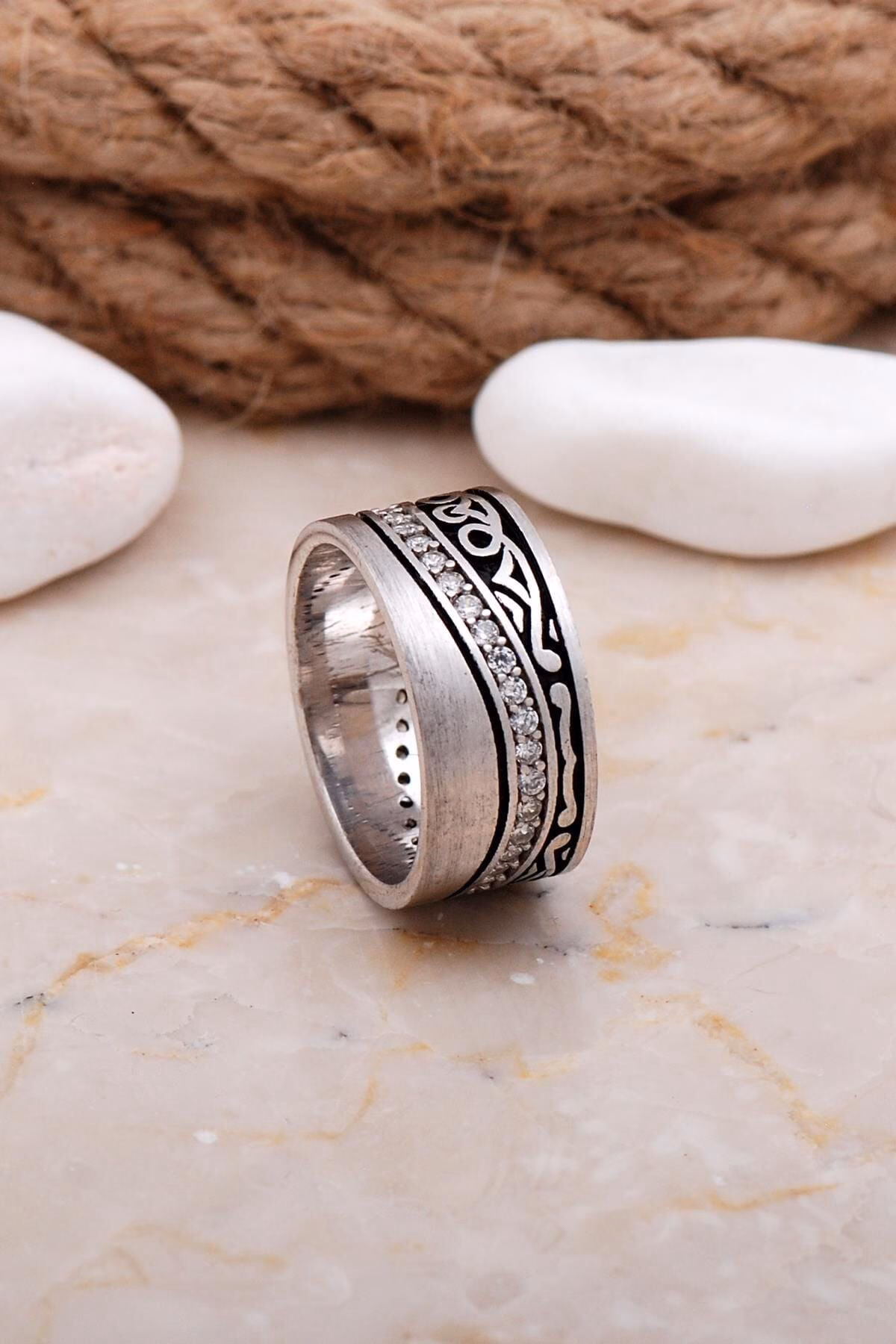 Handmade Cubic Zirconia Wide Wedding Band 925 Sterling Silver Ring