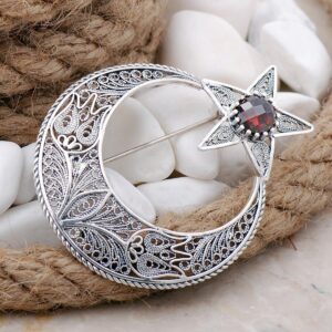 Handmade Garnet Crescent Moon Star Filigree 925 Sterling Silver Vintage Brooch Pin