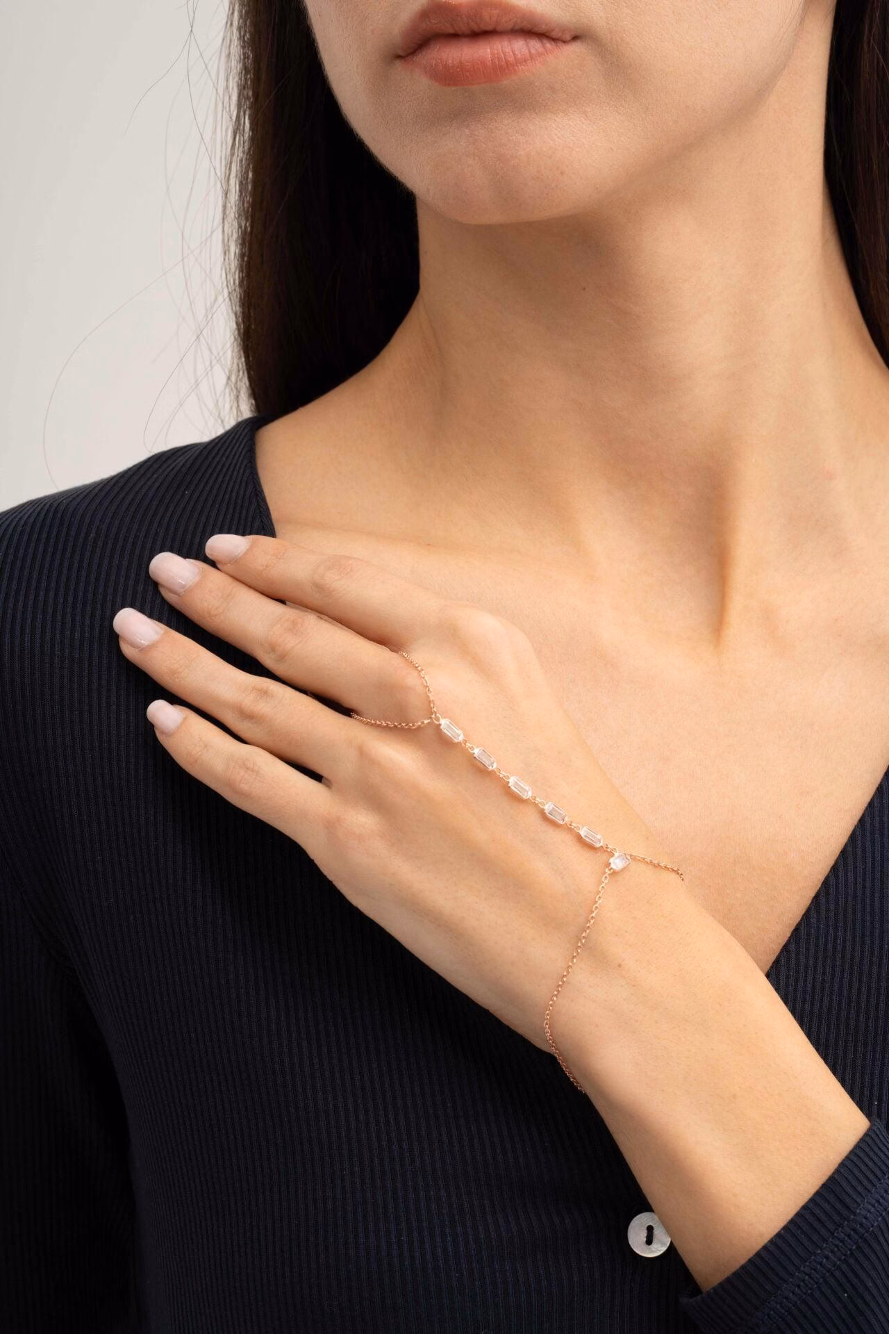Handmade Baguette Zircon Rose Gold 925 Sterling Silver Hand Chain Bracelet Delicate Sahmeran Ring Bracelet - Image 4