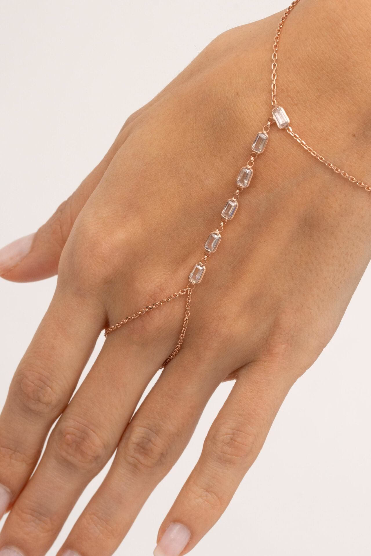 Handmade Baguette Zircon Rose Gold 925 Sterling Silver Hand Chain Bracelet Delicate Sahmeran Ring Bracelet - Image 5