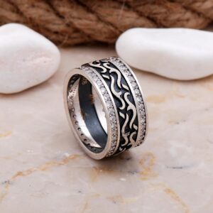 Handmade Cubic Zirconia Wide Wedding Band 925 Sterling Silver Ring