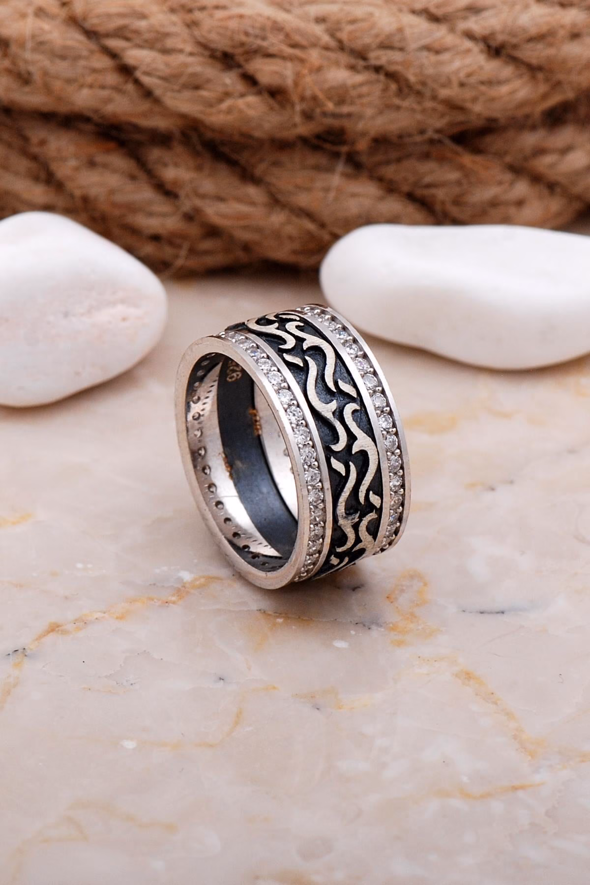 Handmade Cubic Zirconia Wide Wedding Band 925 Sterling Silver Ring