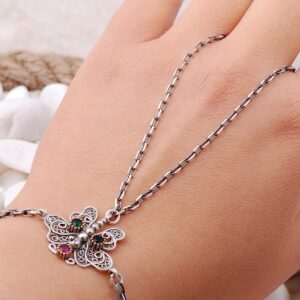 Handmade Butterfly Filigree 925 Sterling Silver Slave Bracelet, Multi Gemstone Sahmeran Ring Bracelet, Antique Boho Hand Harness Gift