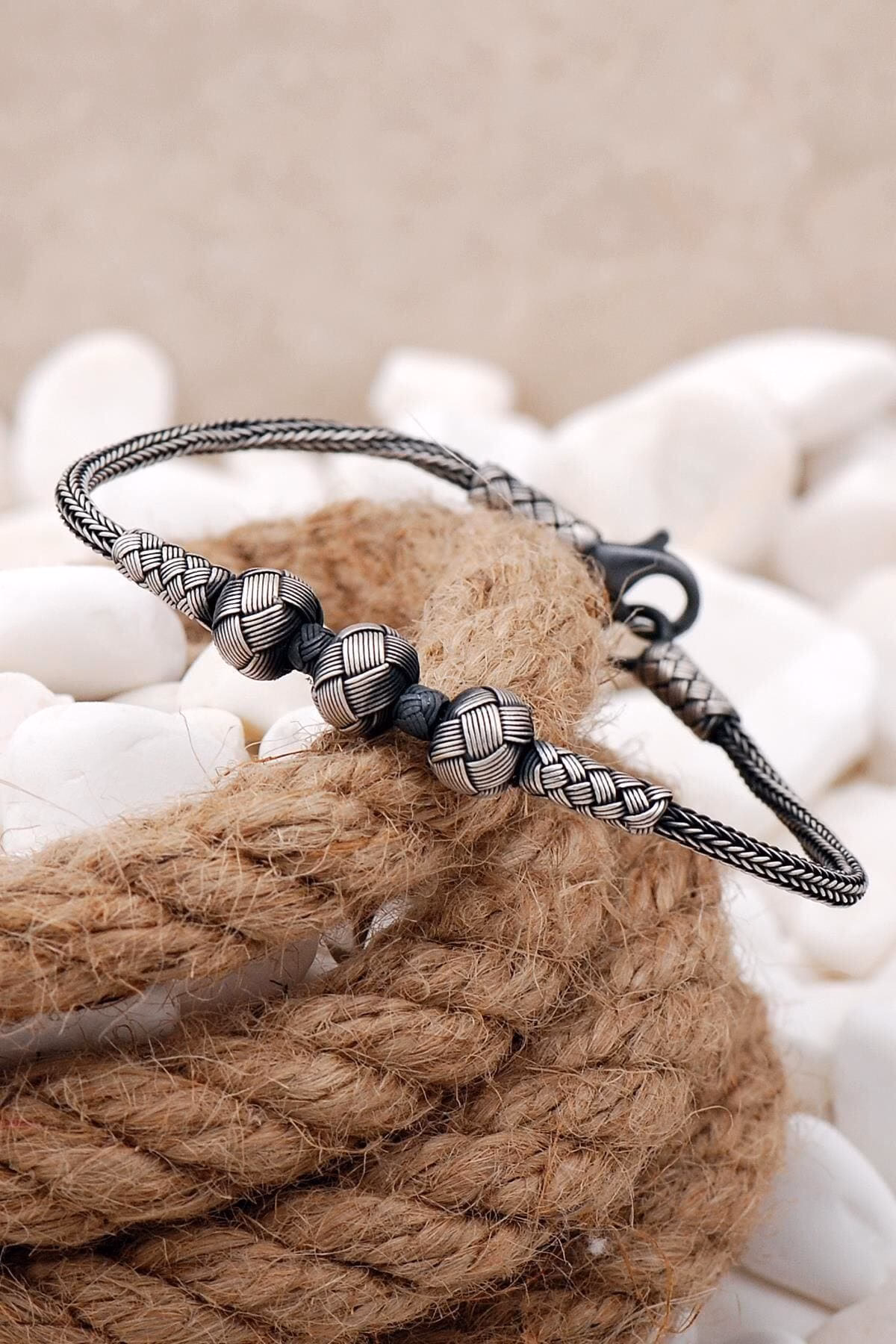 Handmade Fine Silver Kazaziye Woven Mens Bracelet Vintage Oxidized 1000 Pure Silver Chain
