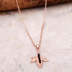 Handmade Sycamore Leaf Necklace Rose Gold 925 Sterling Silver Black Zircon Pendant