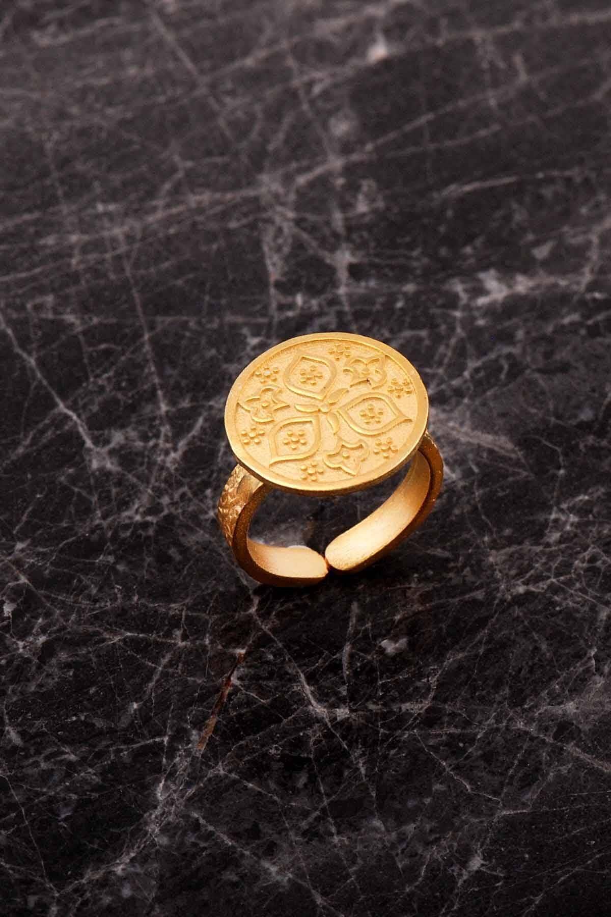 Handmade Anatolian Sun Motif Ring 925 Sterling Silver Gold Plated Adjustable Ring