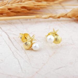 Pearl Sea Shell Starfish Stud Earrings 925 Sterling Silver Gold Plated