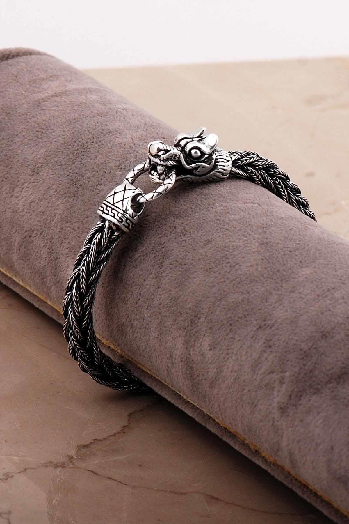 Handmade Dragon Head Woven 925 Sterling Silver Mens Bracelet, Midyat Mesh Bangle, Oxidized Viking Style Jewelry Gift - Image 3