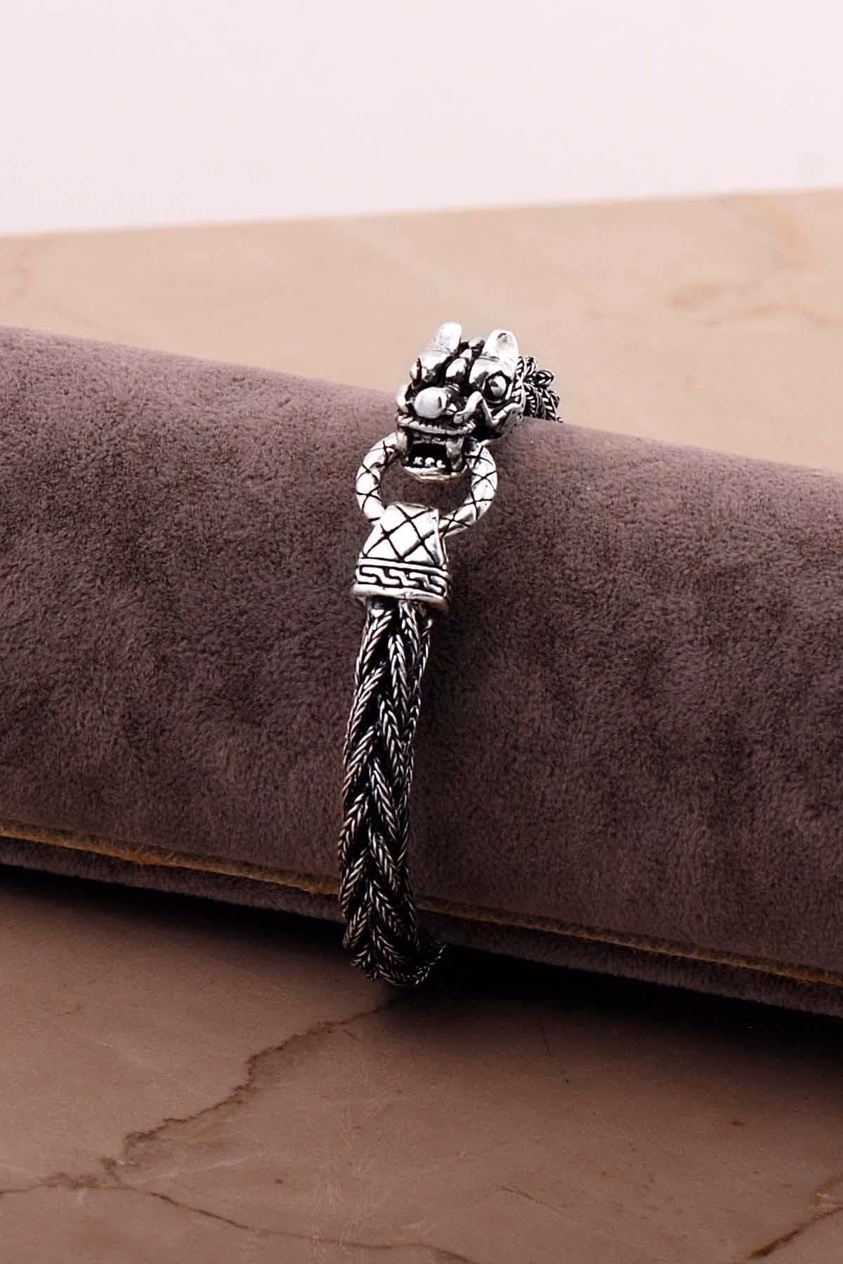 Handmade Dragon Head Woven 925 Sterling Silver Mens Bracelet, Midyat Mesh Bangle, Oxidized Viking Style Jewelry Gift - Image 4