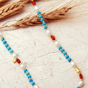 Handmade Turquoise Pearl Coral Beaded Necklace Gold Plated 925 Silver
