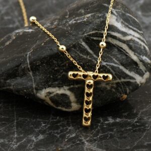 Gold Plated 925 Sterling Silver T Initial Necklace 3D Puff Heart Letter T Pendant