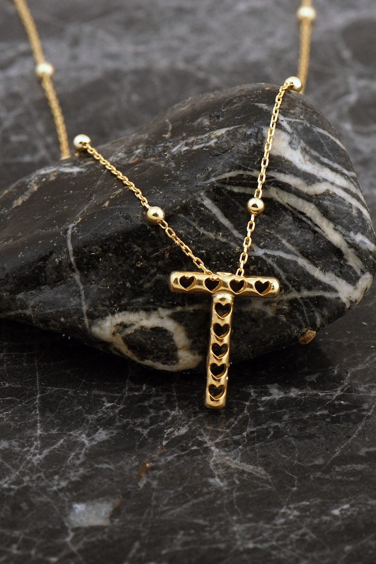 Gold Plated 925 Sterling Silver T Initial Necklace 3D Puff Heart Letter T Pendant