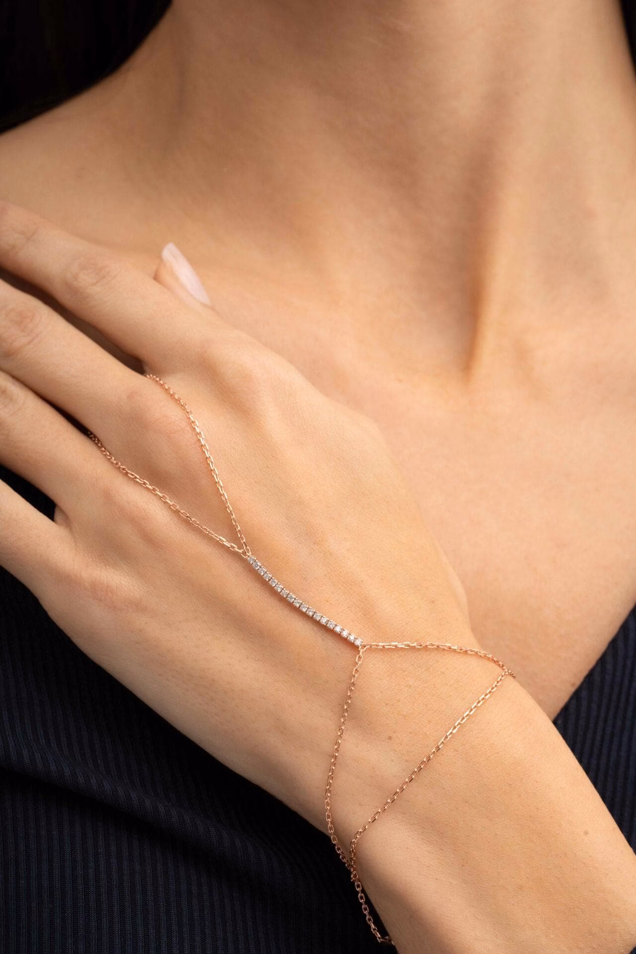 Handmade Rose Gold Plated 925 Sterling Silver Tennis Hand Chain Bracelet Double Wrap Sahmeran Ring Bracelet with Zirconia - Image 4