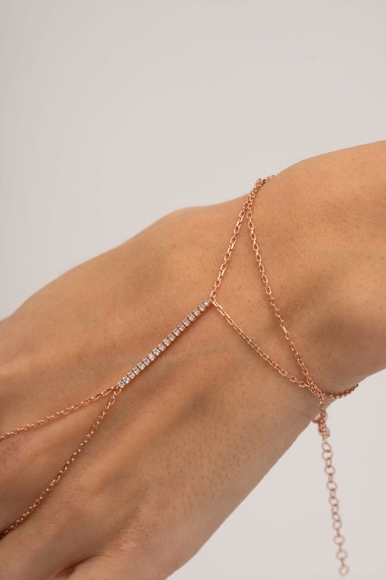 Handmade Rose Gold Plated 925 Sterling Silver Tennis Hand Chain Bracelet Double Wrap Sahmeran Ring Bracelet with Zirconia - Image 5