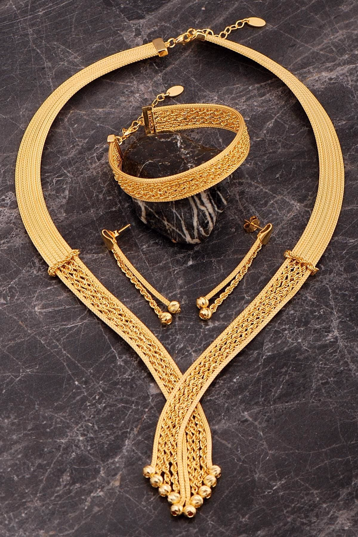 Handmade Gold Plated 925 Sterling Silver Woven Jewelry Set, Traditional Midyat Filigree Rope Necklace Bracelet Earrings Set for Women - Image 2