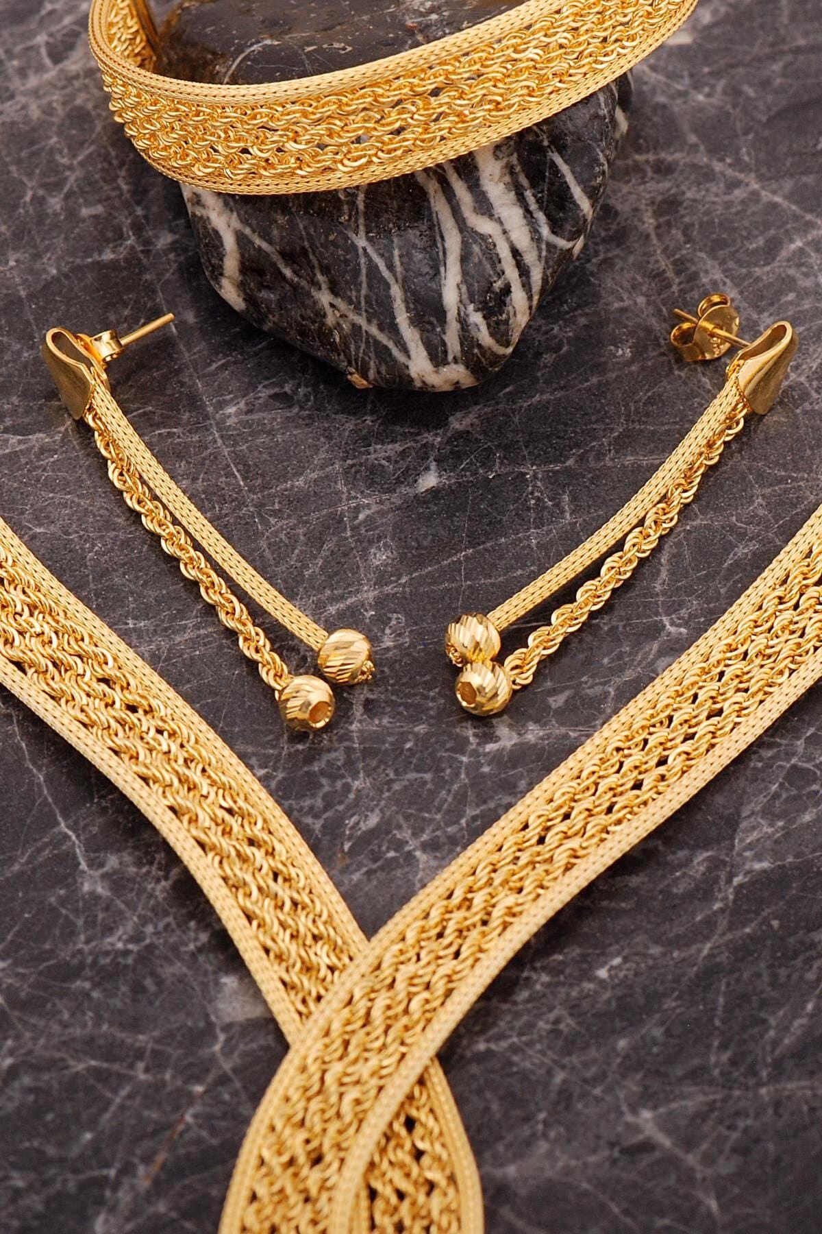 Handmade Gold Plated 925 Sterling Silver Woven Jewelry Set, Traditional Midyat Filigree Rope Necklace Bracelet Earrings Set for Women - Image 5