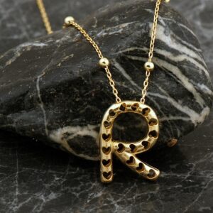 Gold Plated 925 Sterling Silver Letter R Heart Puff Pendant Necklace