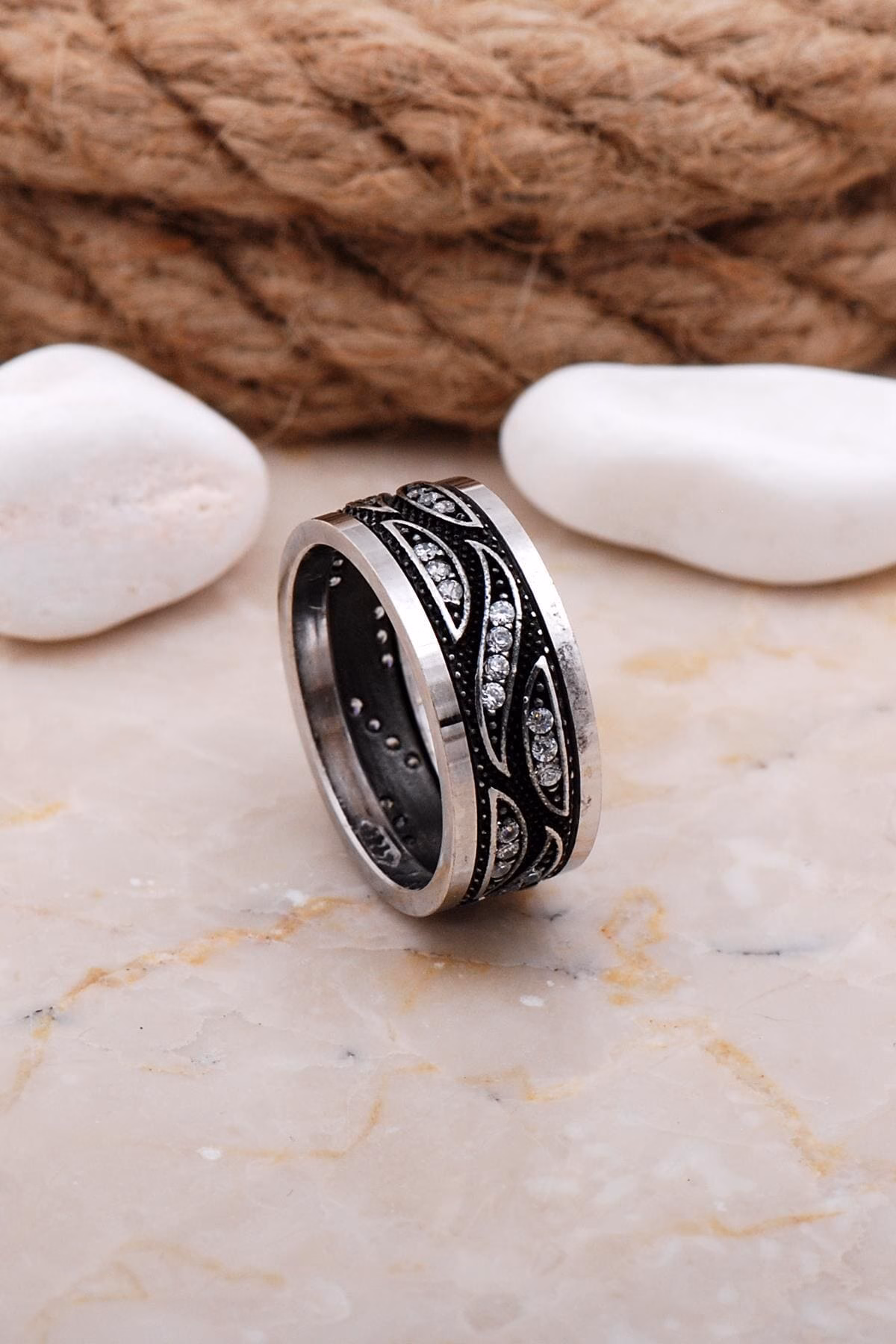 Handmade Cubic Zirconia Wide Wedding Band 925 Sterling Silver Ring - Image 2